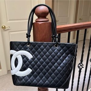 Authentic Chanel Ligne Cambon, black large tote, white CC logo